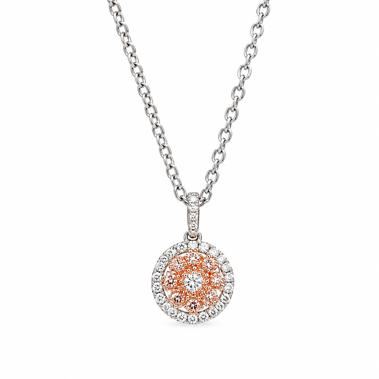 9ct white gold 0.25ct natural Australian pink diamond vintage inspired flower halo pendant with diamond bale and rose gold highlights