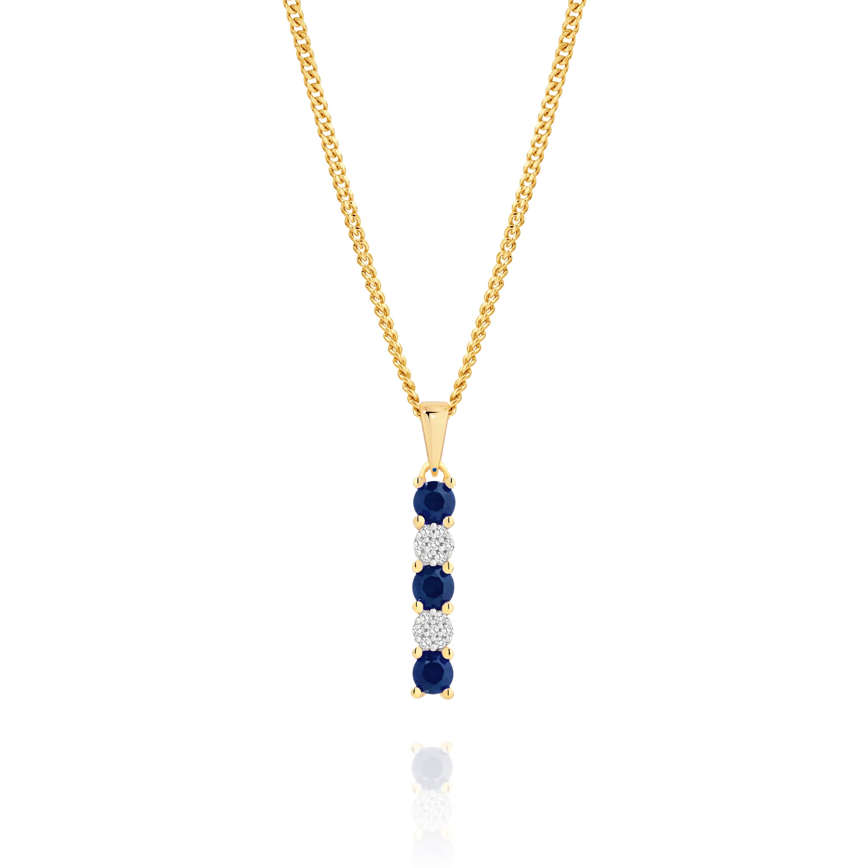 9ct yellow gold blue sapphire & 0.04ct diamond cluster pendant