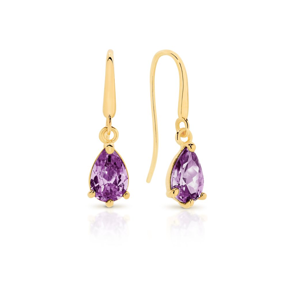 9ct yellow gold pear shaped amethyst coloured cubic zirconia shepard hook earrings
