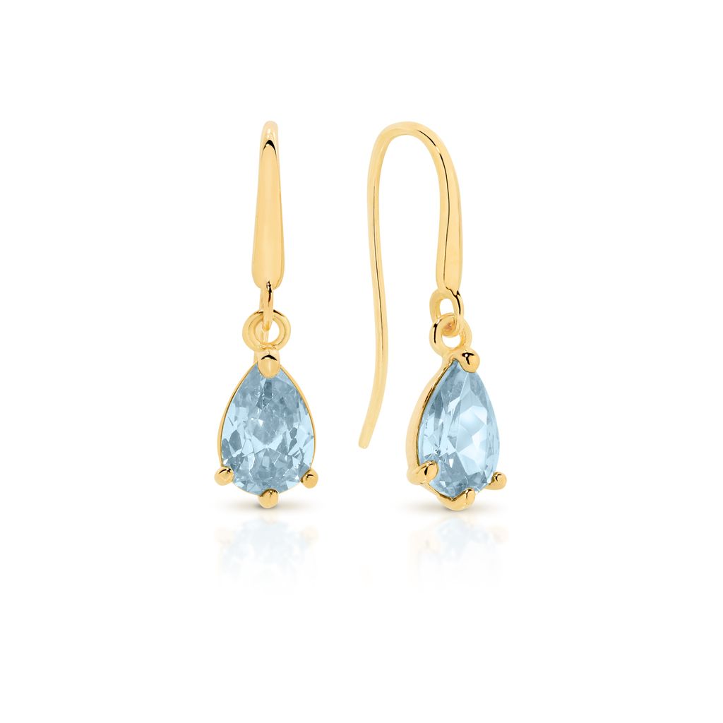 9ct yellow gold pear shaped aquamarine coloured cubic zirconia shepard hook earrings