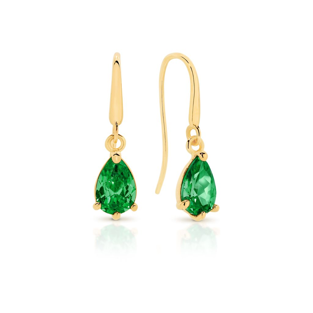 9ct yellow gold pear shaped emerald coloured cubic zirconia shepard hook earrings