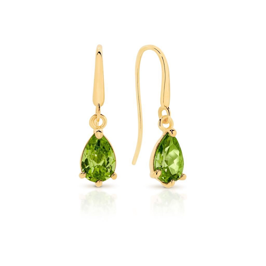9ct yellow gold pear shaped peridot coloured cubic zirconia shepard hook earrings