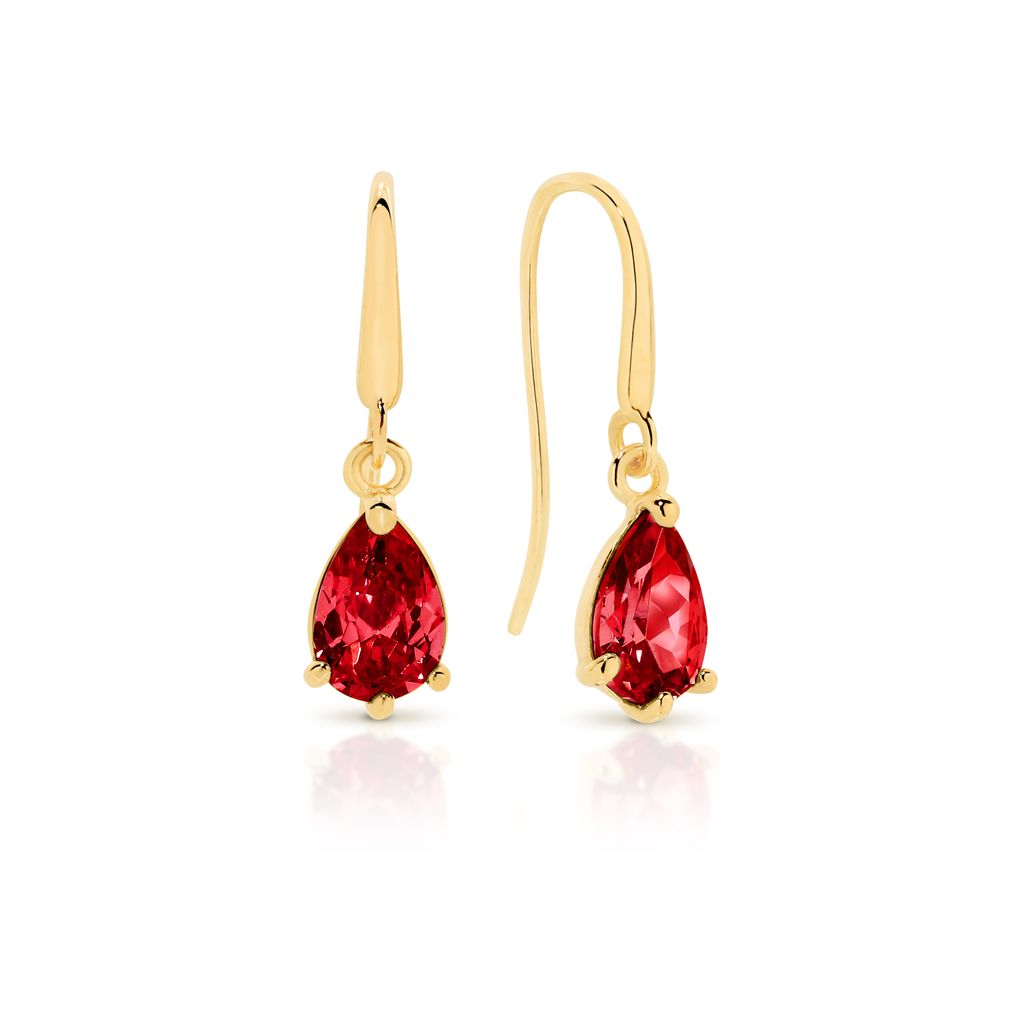9ct yellow gold pear shaped ruby coloured cubic zirconia shepard hook earrings