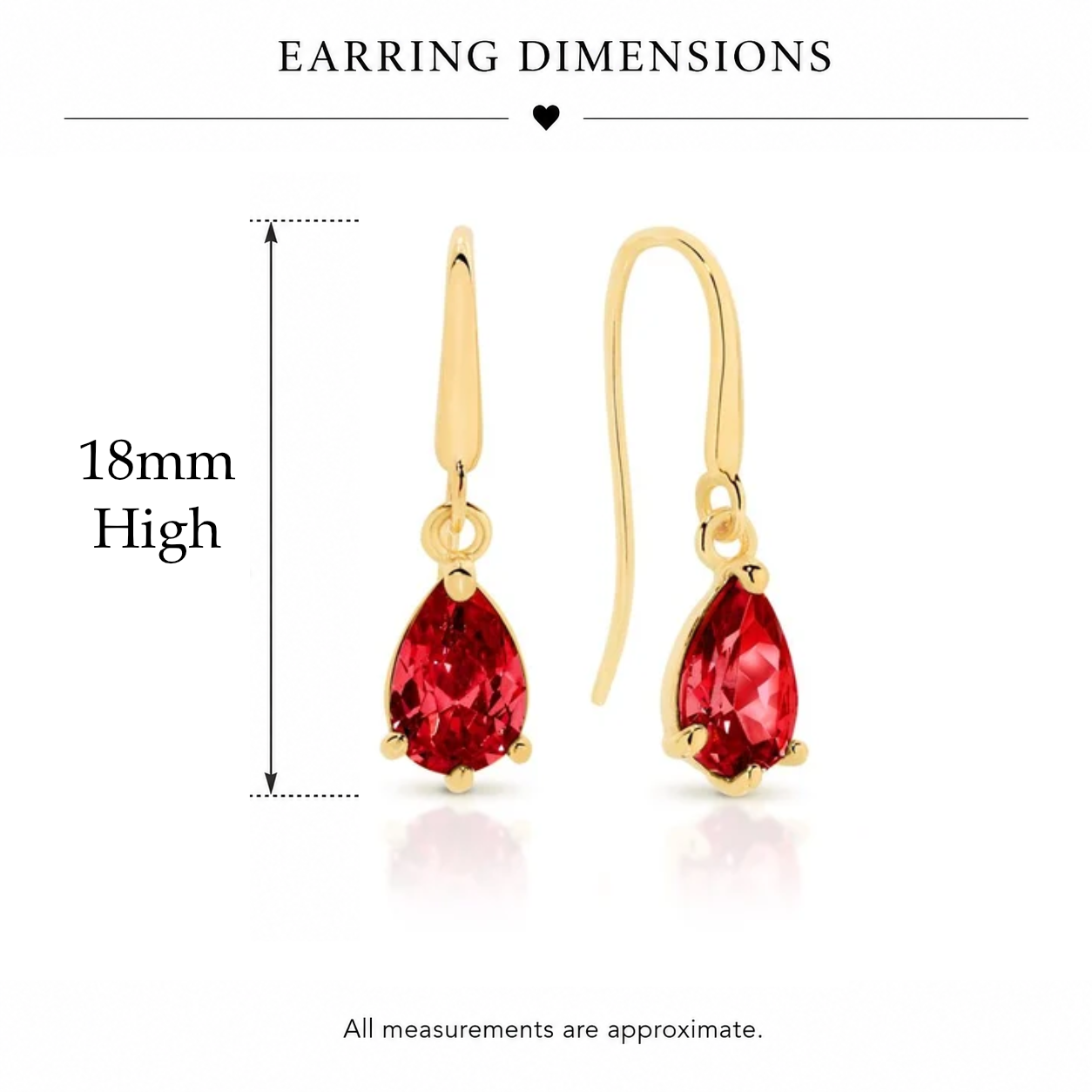 9ct yellow gold pear shaped ruby coloured cubic zirconia shepard hook earrings