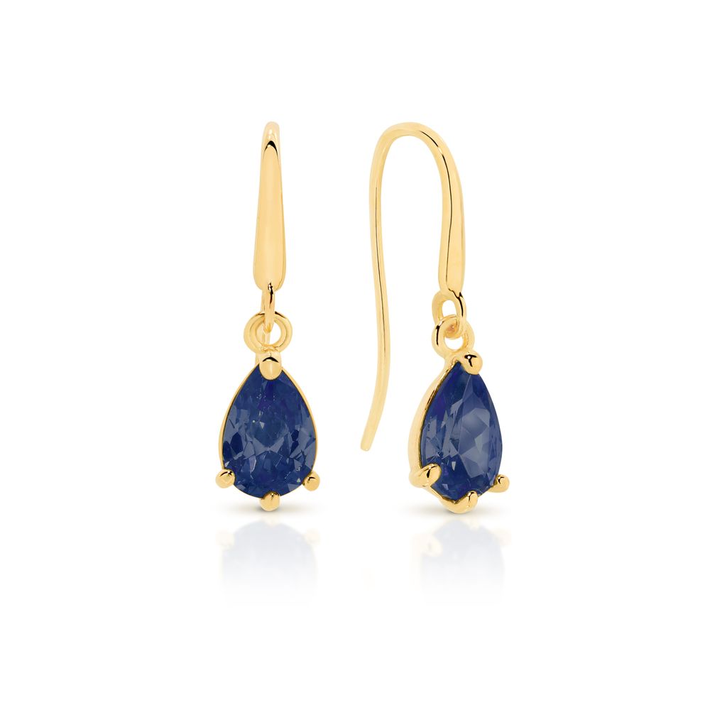 9ct yellow gold pear shaped sapphire coloured cubic zirconia shepard hook earrings