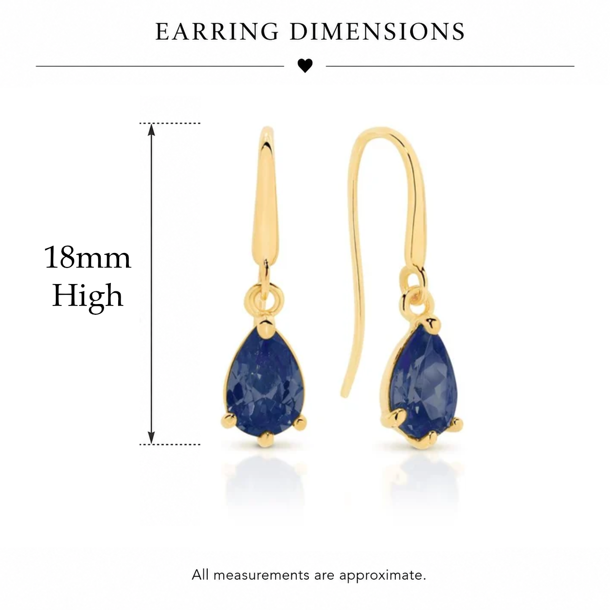 9ct yellow gold pear shaped sapphire coloured cubic zirconia shepard hook earrings