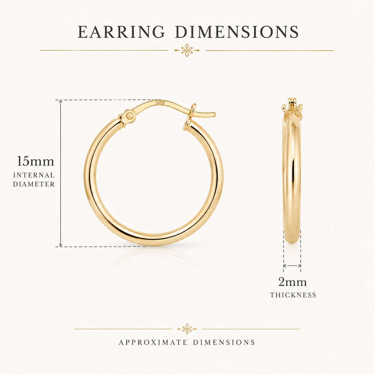 9ct yellow gold polished 15mm hoop earrings