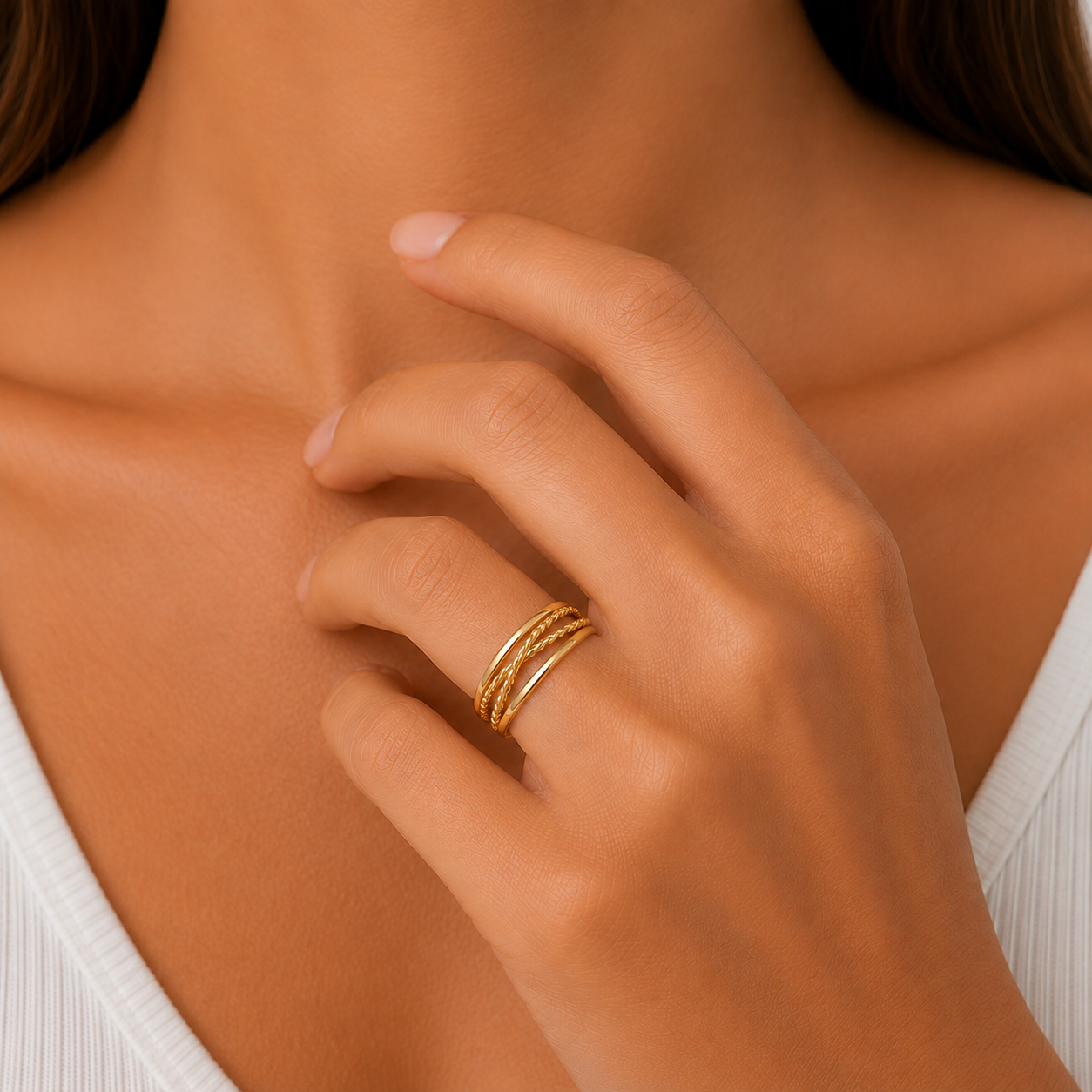 9ct yellow gold polished rope crossover wide band ring