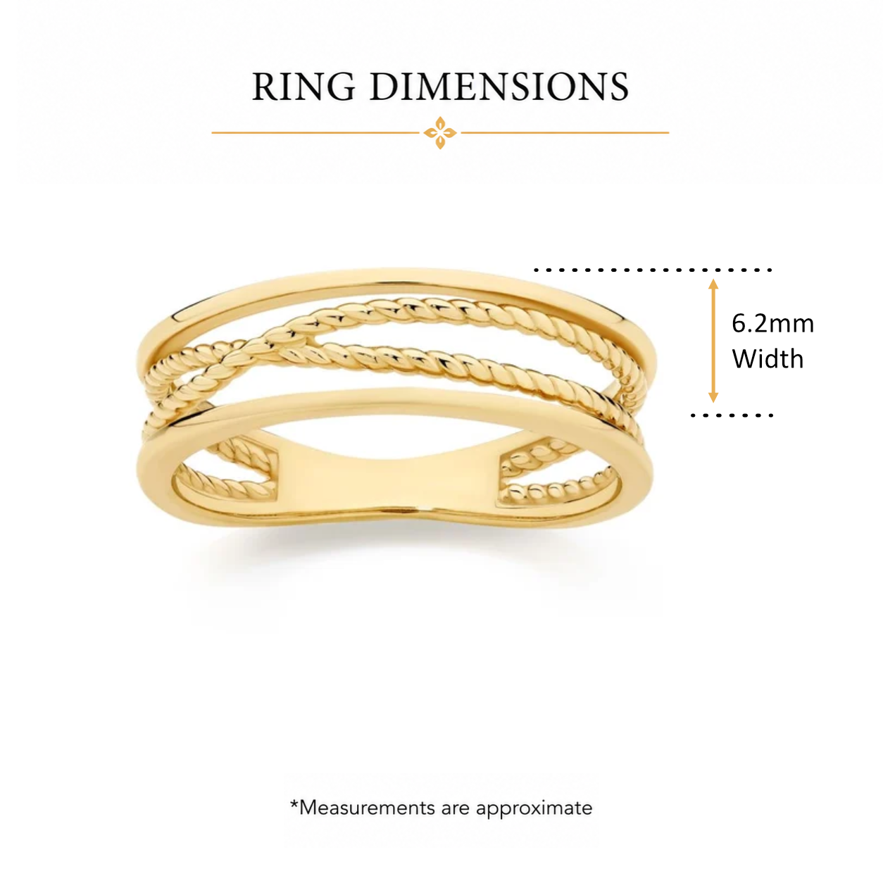 9ct yellow gold polished rope crossover wide band ring