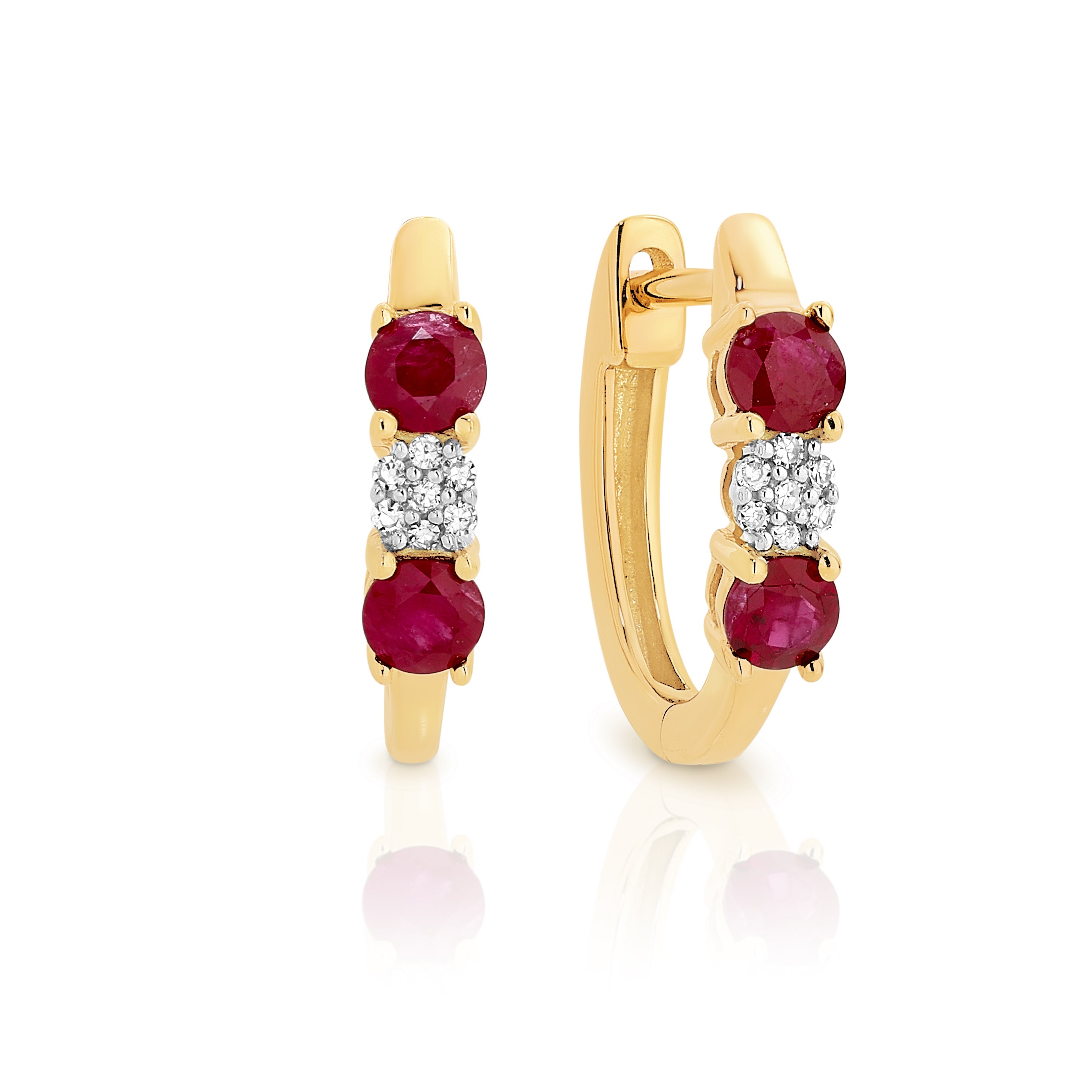 9ct yellow gold ruby & 0.04ct diamond cluster huggie earrings