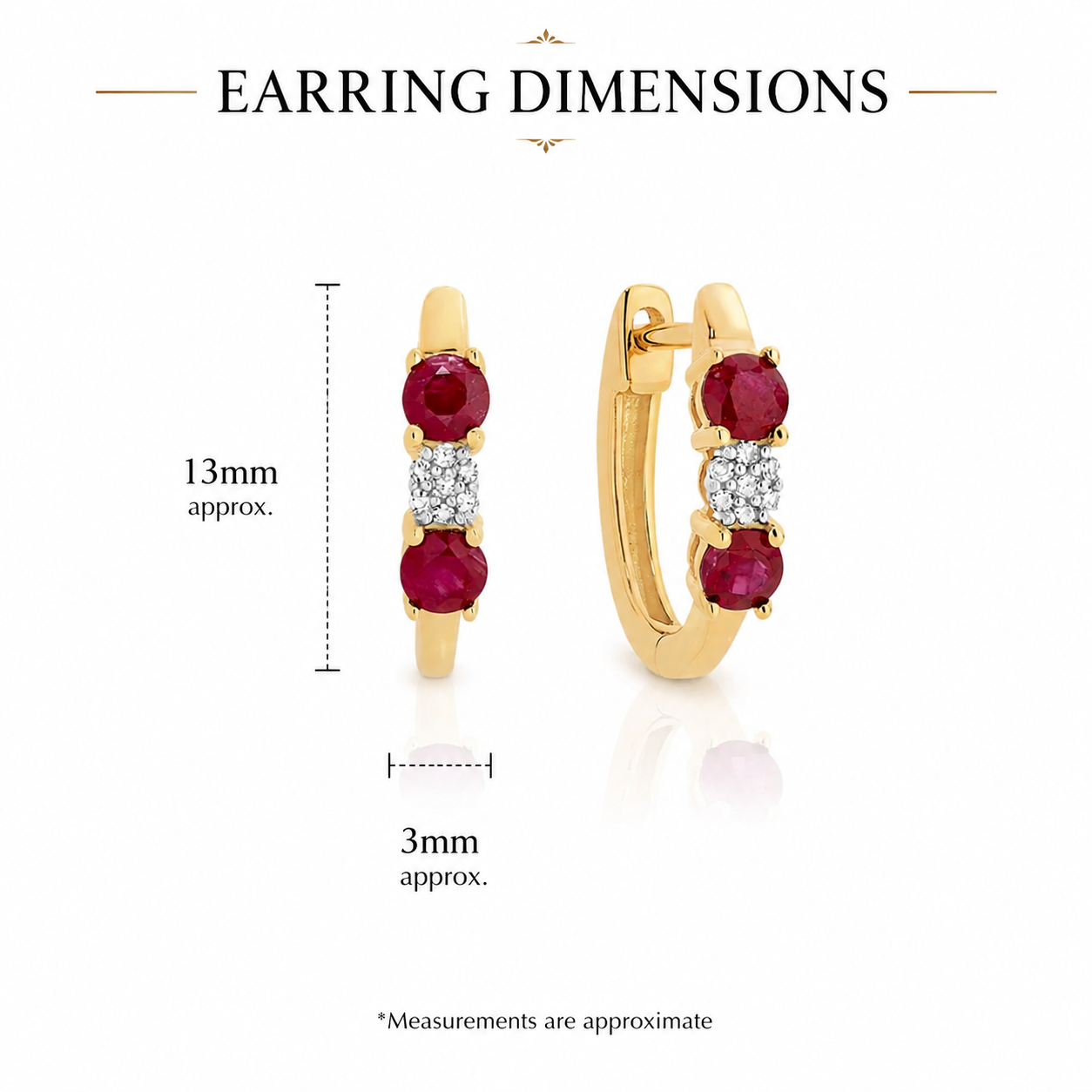 9ct yellow gold ruby & 0.04ct diamond cluster huggie earrings