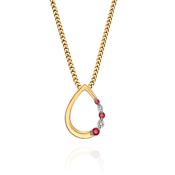 A 9ct yellow gold open pear shape pendant with a red rubies and diamonds.