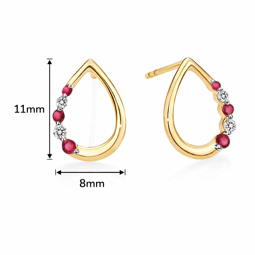 9ct yellow gold ruby & diamond pear shaped studs