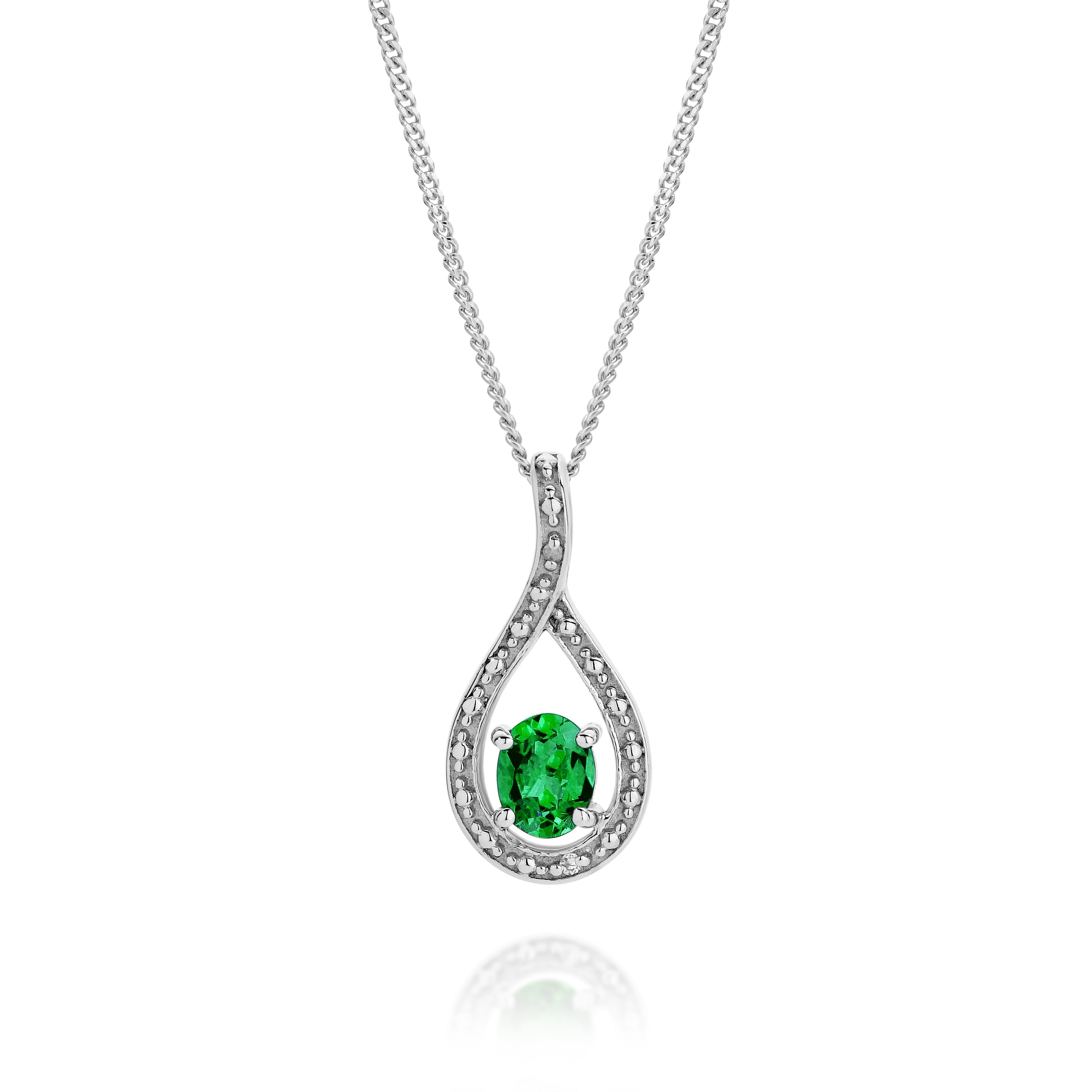 Silver created emerald & diamond pendant