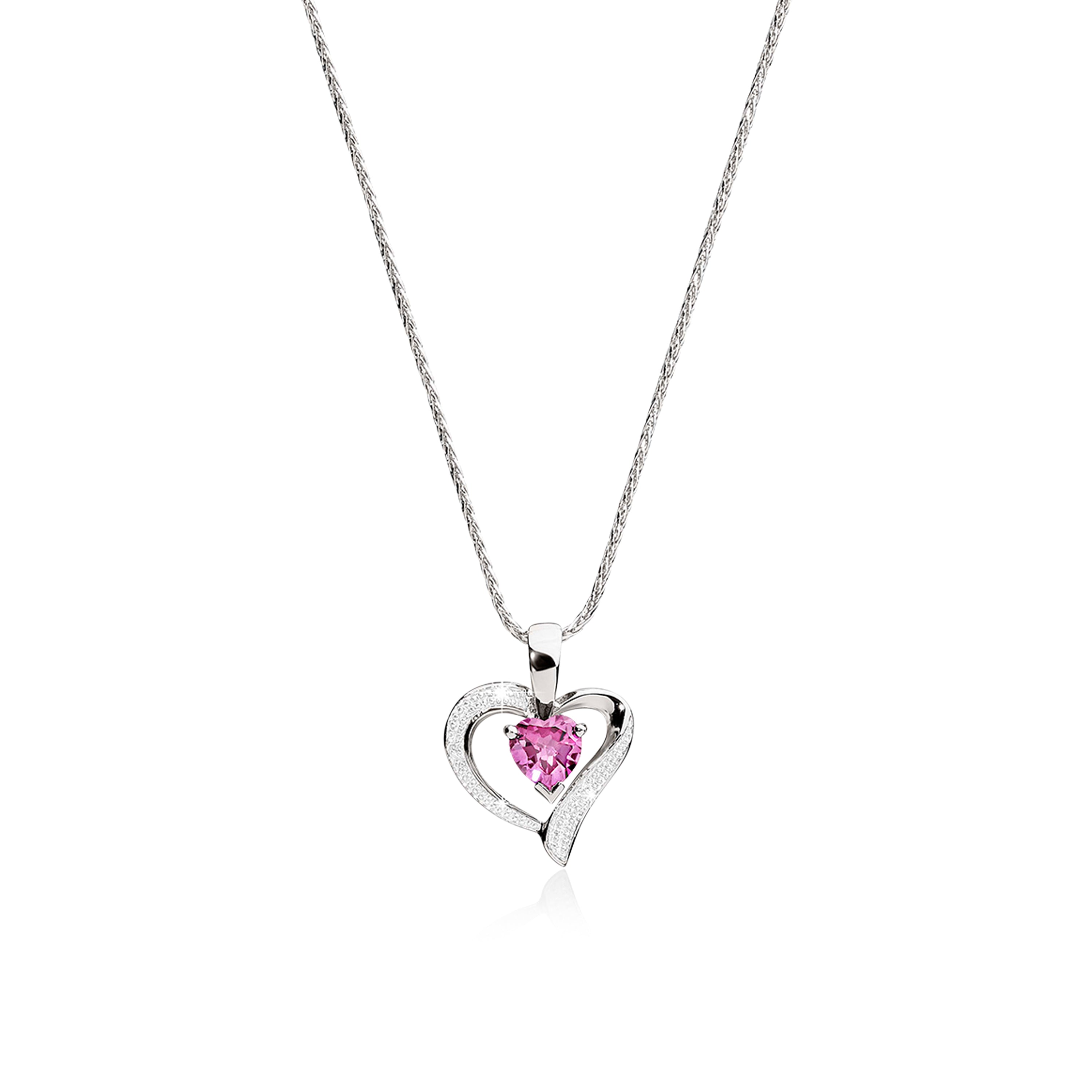 Silver created pink sapphire & diamond pendant