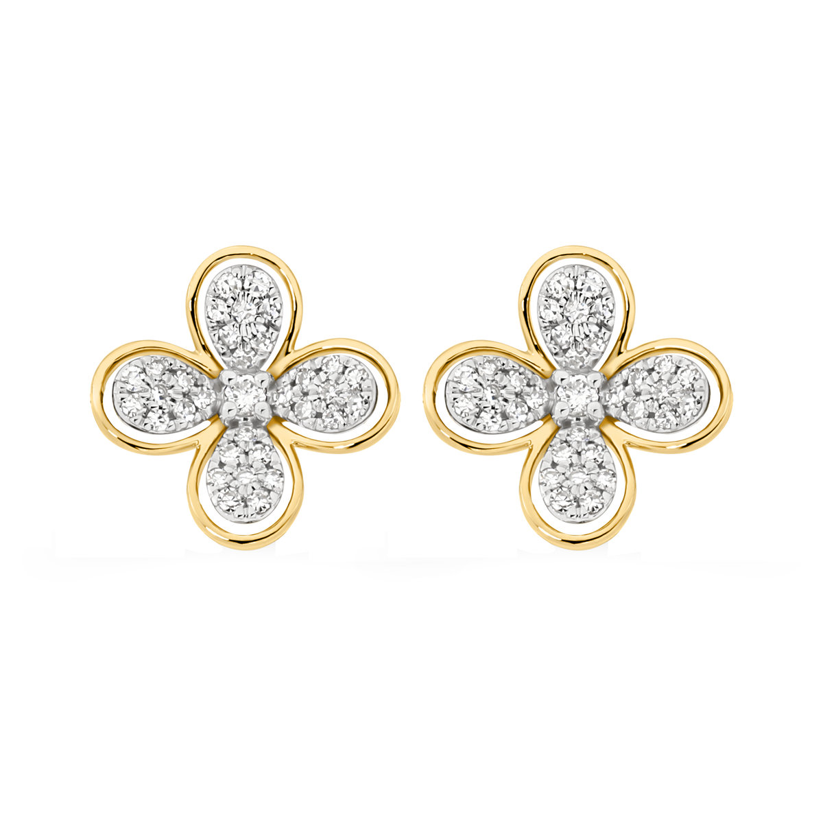 9ct Yellow Gold 0.15ct pave set diamond flower stud earrings