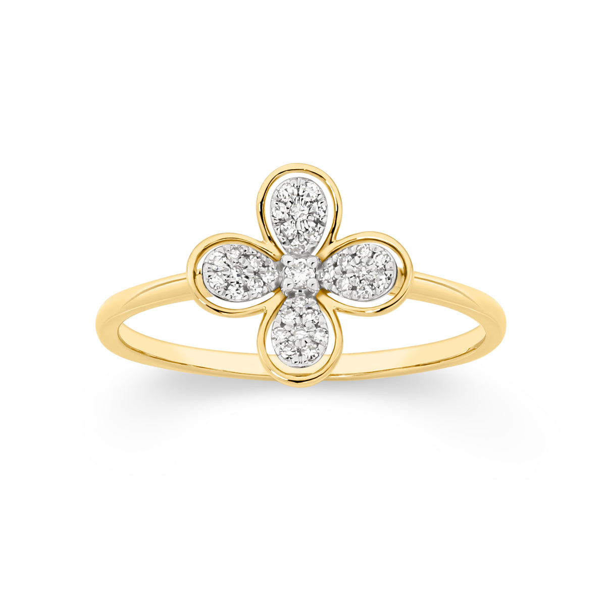 9ct yellow gold 0.10ct pave set diamond flower ring