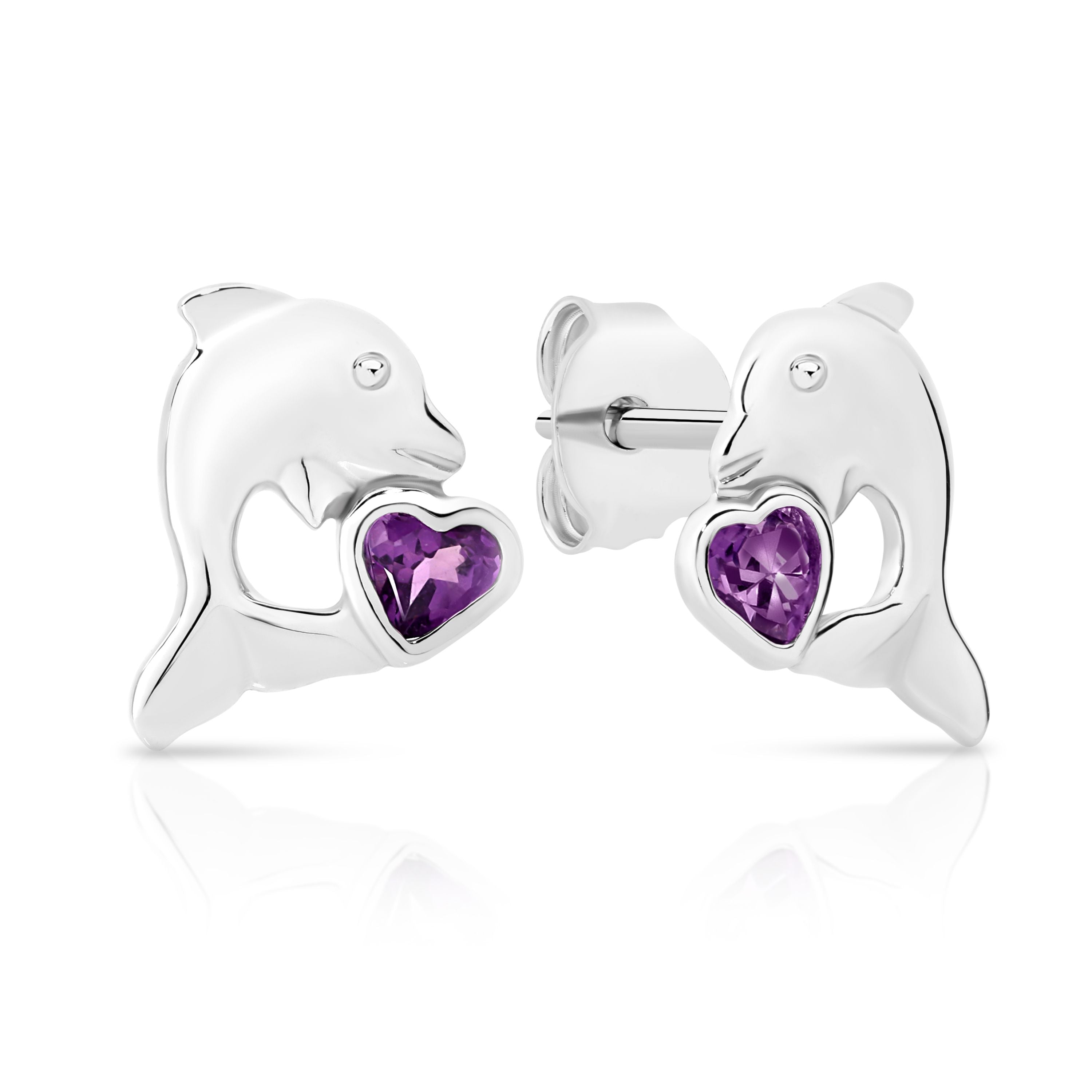 Sterling Silver Amethyst Heart and Dolphin Studs