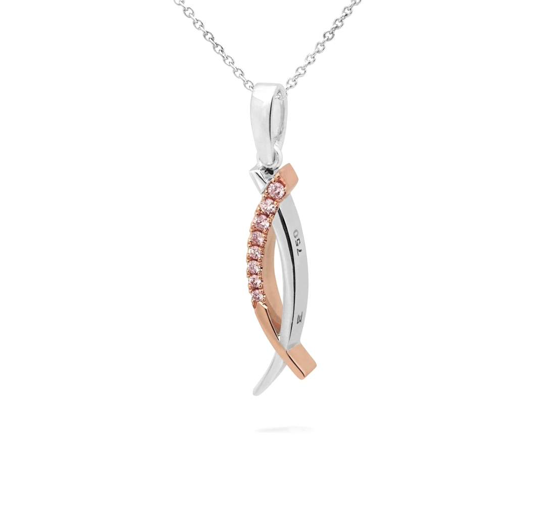 Two-tone white and rose gold pendant with australian pink diamonds on a white background