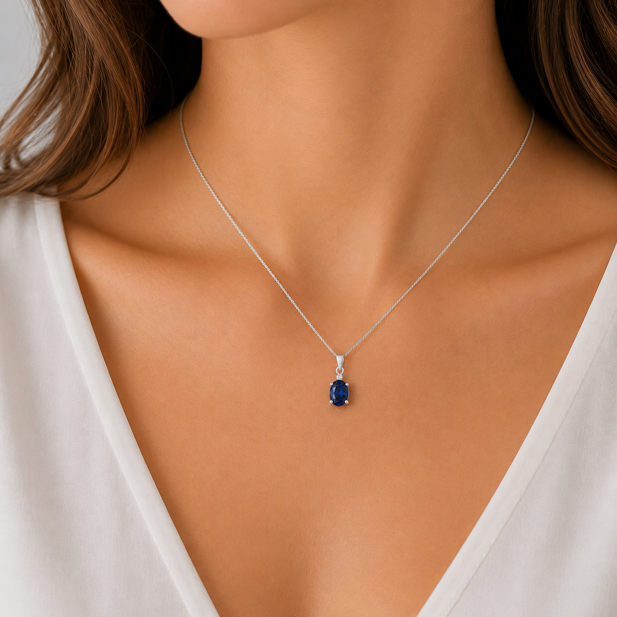 Sterling Silver created sapphire & diamond pendant