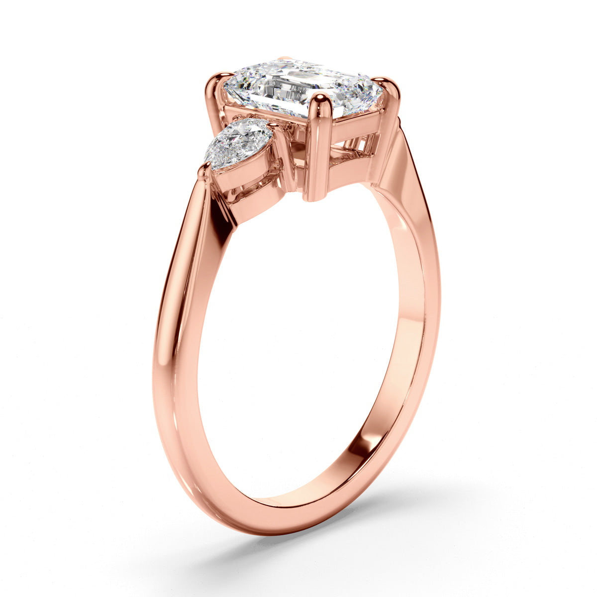 Emerald Cut Diamond Trilogy Engagement Ring with Pear Sides