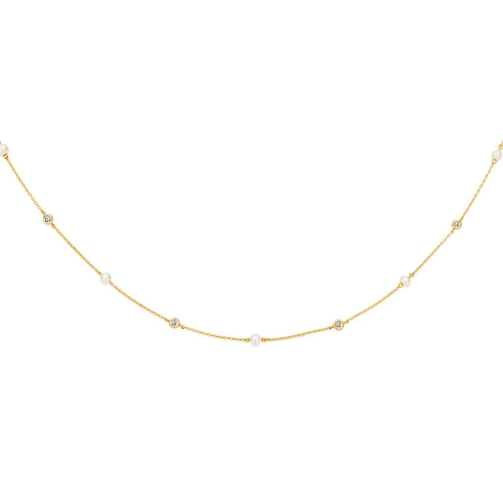 9ct gold delicate freshwater pearl and CZ necklet
