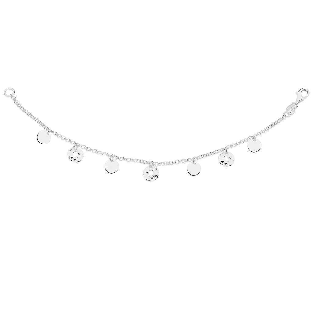Silver belcher necklet with hammered and polished disc drops 45cm