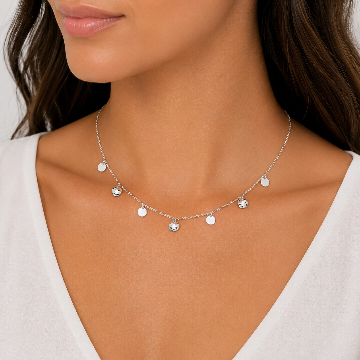 Silver belcher necklet with hammered and polished disc drops 45cm