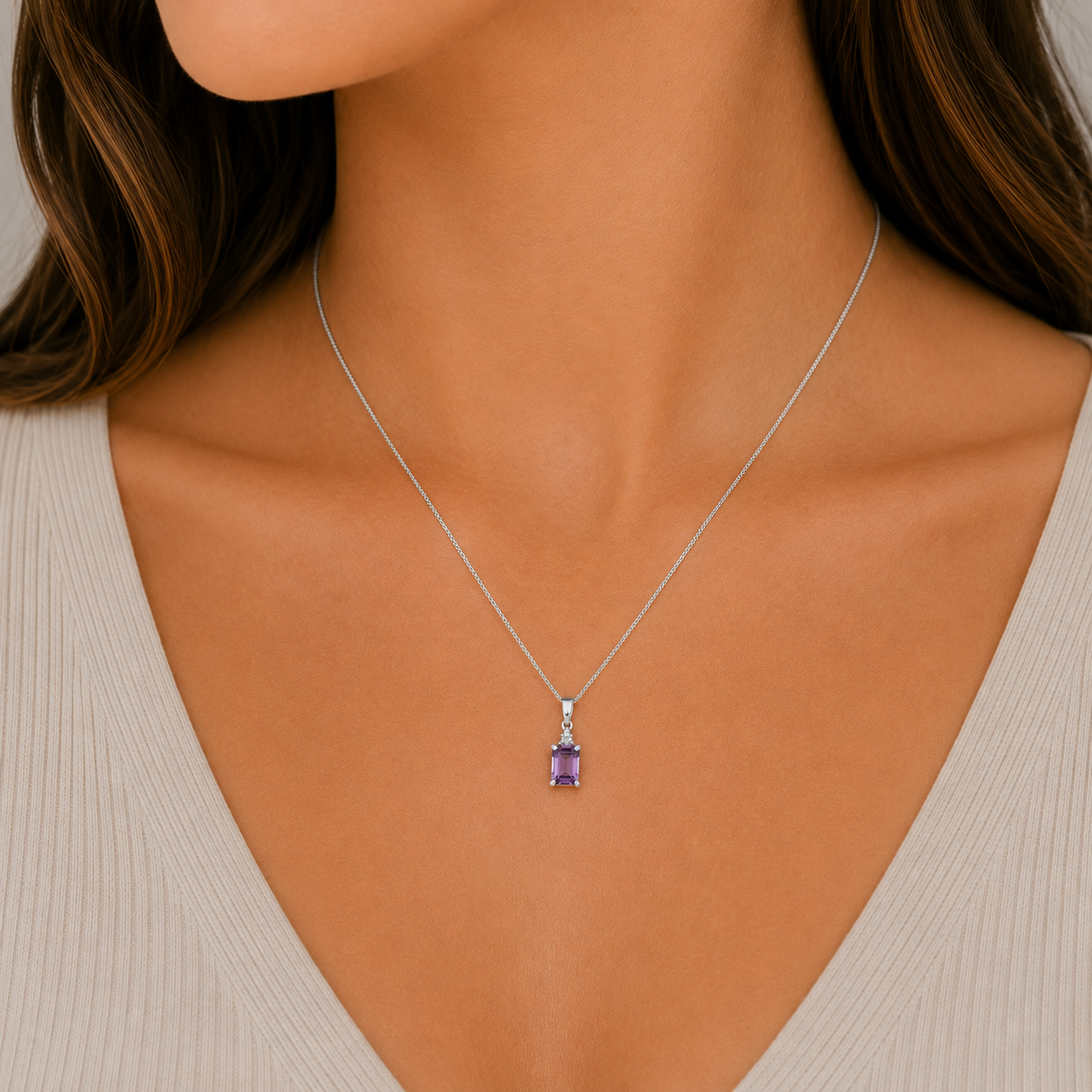 Sterling Silver Amethyst and Diamond Pendant