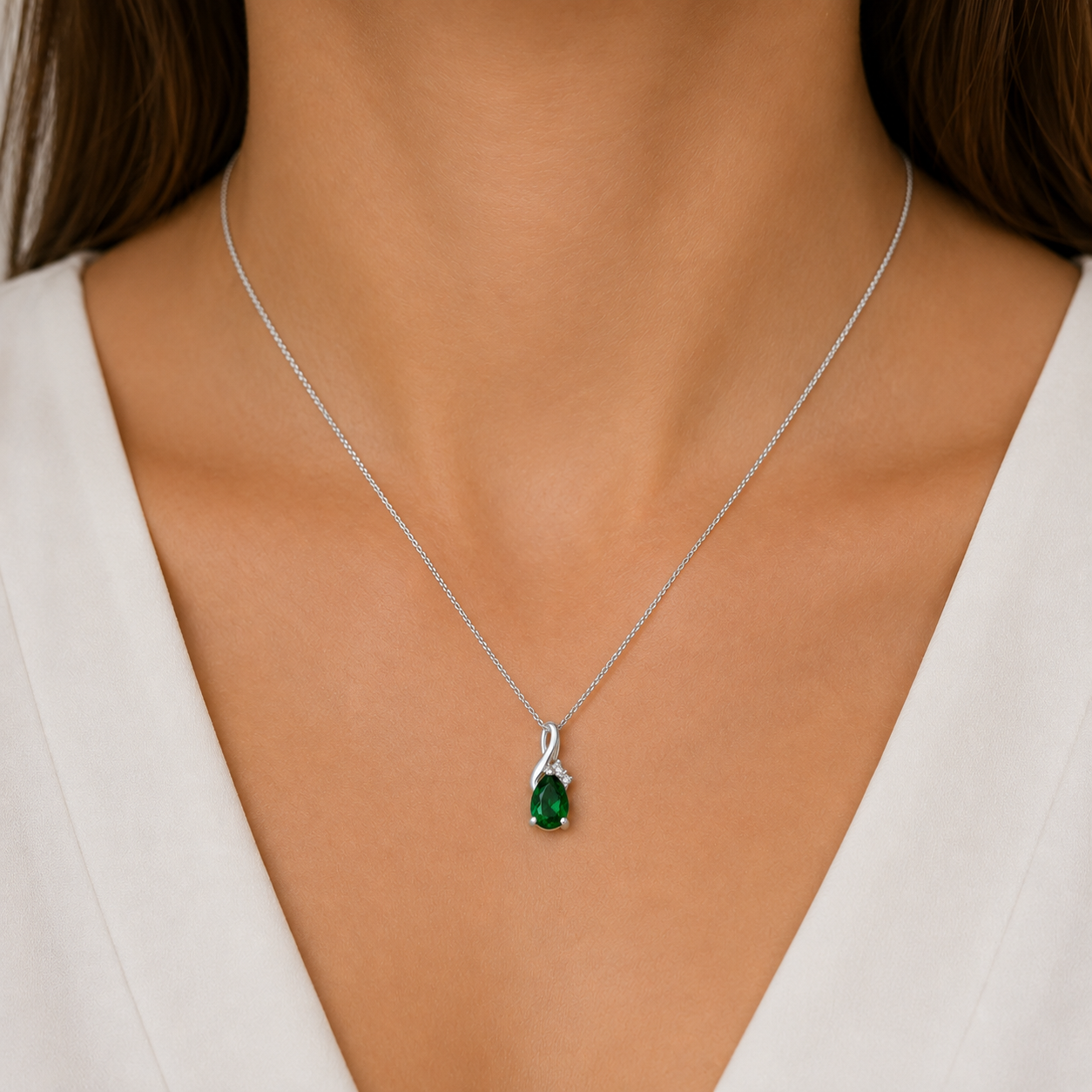 Sterling Silver Created Emerald and Diamond Slider Pendant