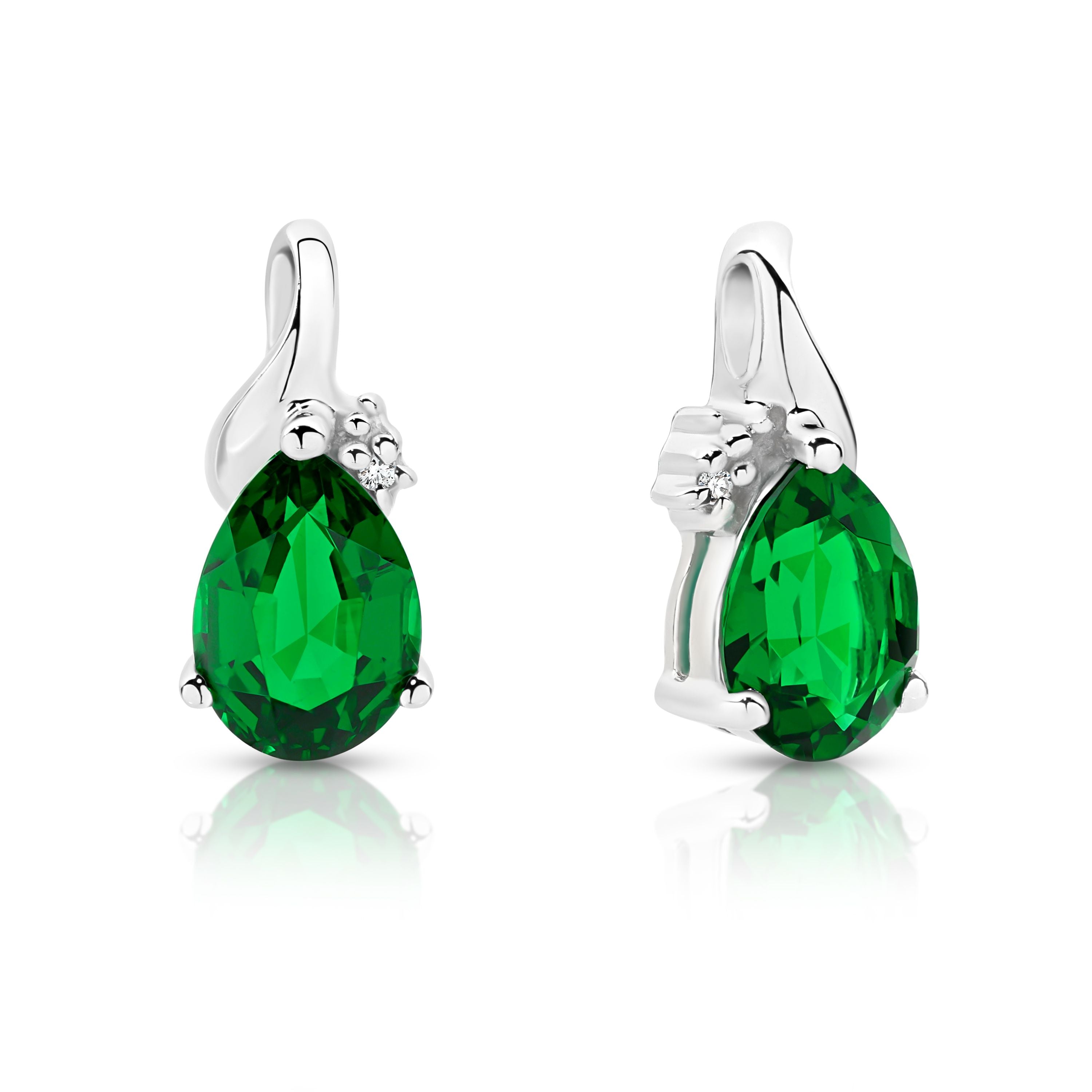 Sterling Silver Created Emerald and Diamond Stud Earrings