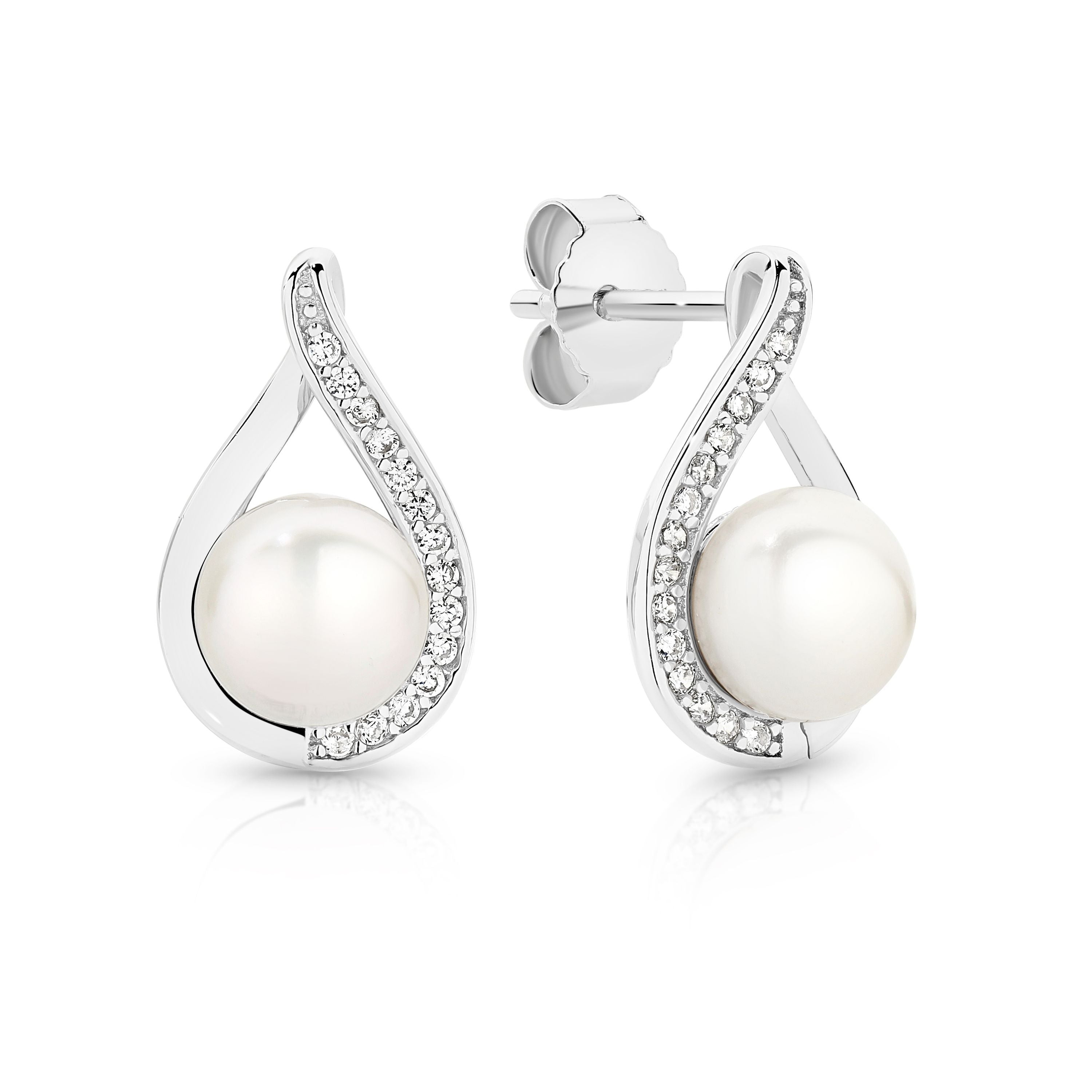 Sterling Silver Freshwater Pearl Cubic Zirconia Flame Stud Earrings