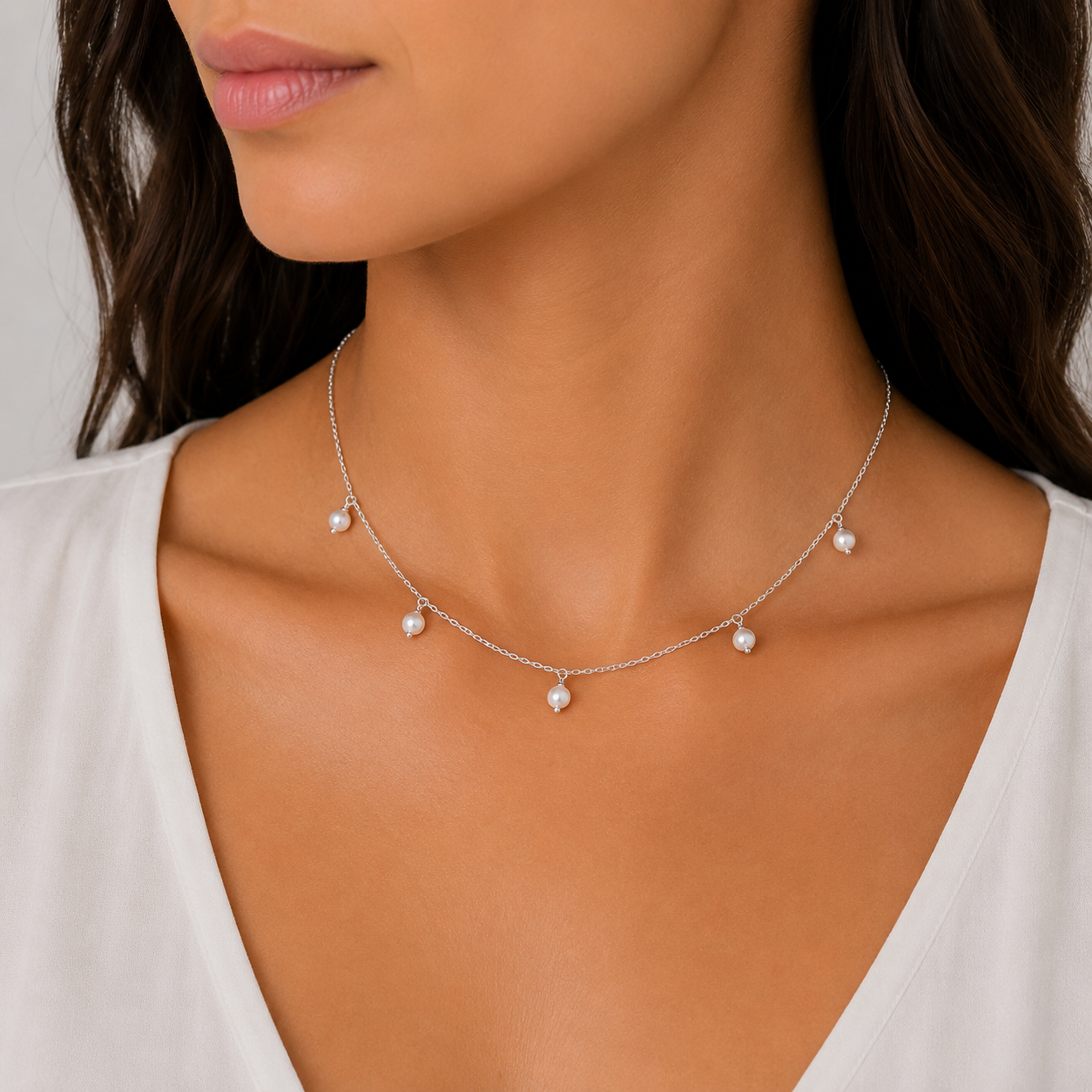 Sterling Silver belcher necklet with simulated pearl drops 45cm