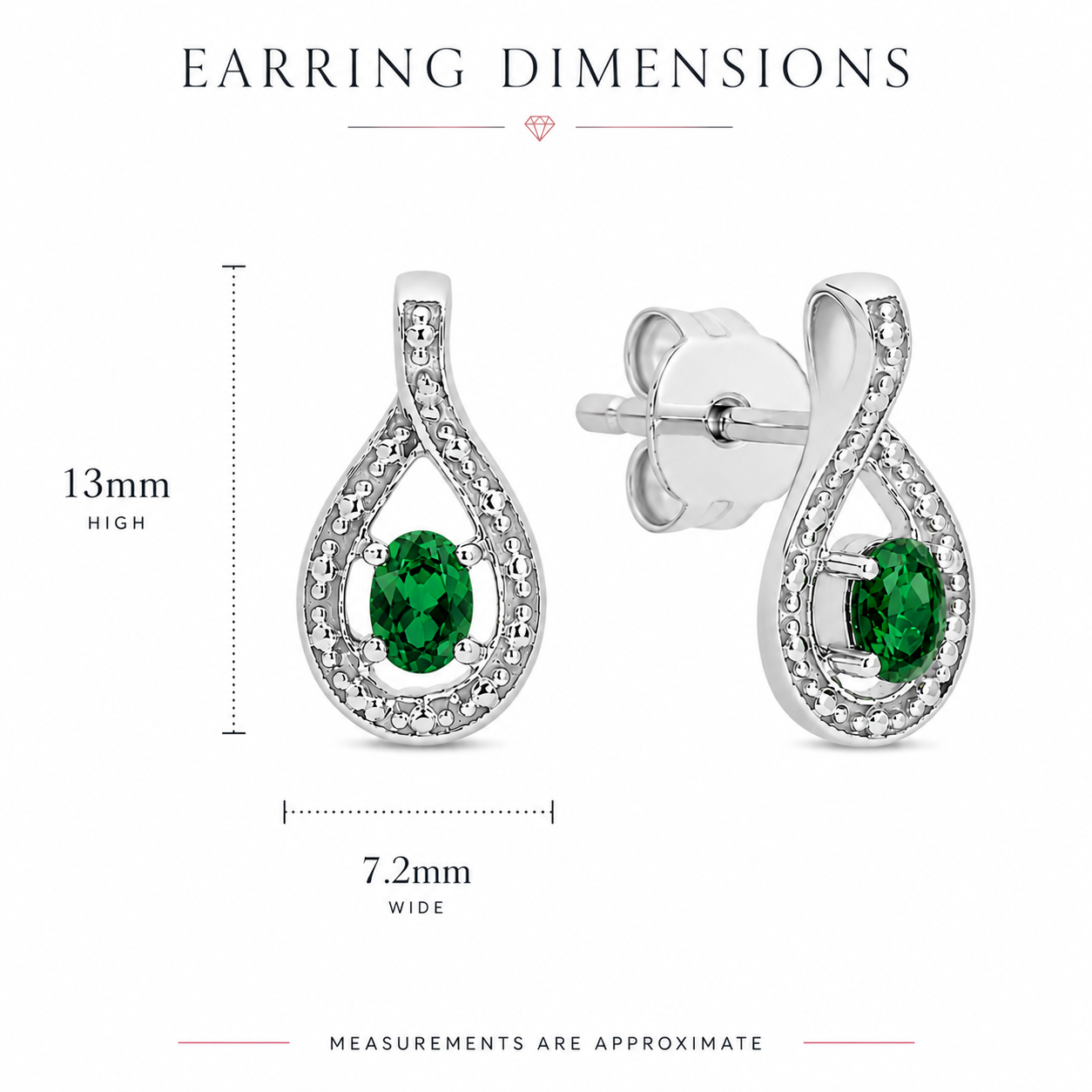 Sterling Silver created emerald & diamond teardrop stud earrings