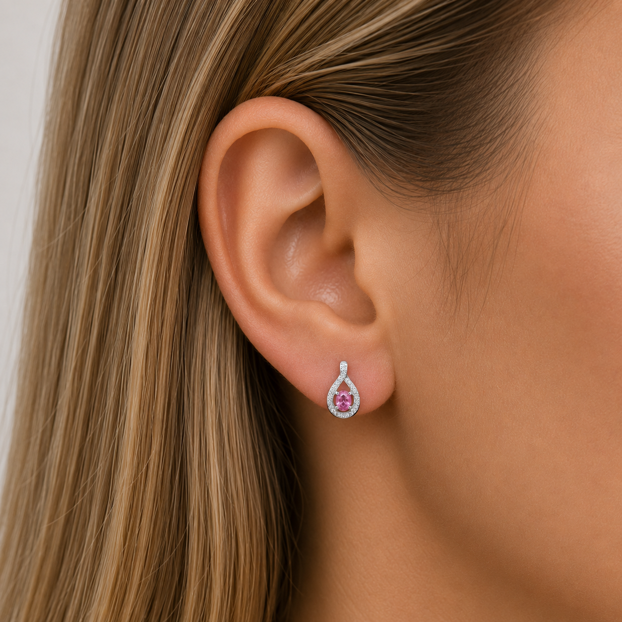 Sterling Silver created pink sapphire & diamond teardrop stud earrings