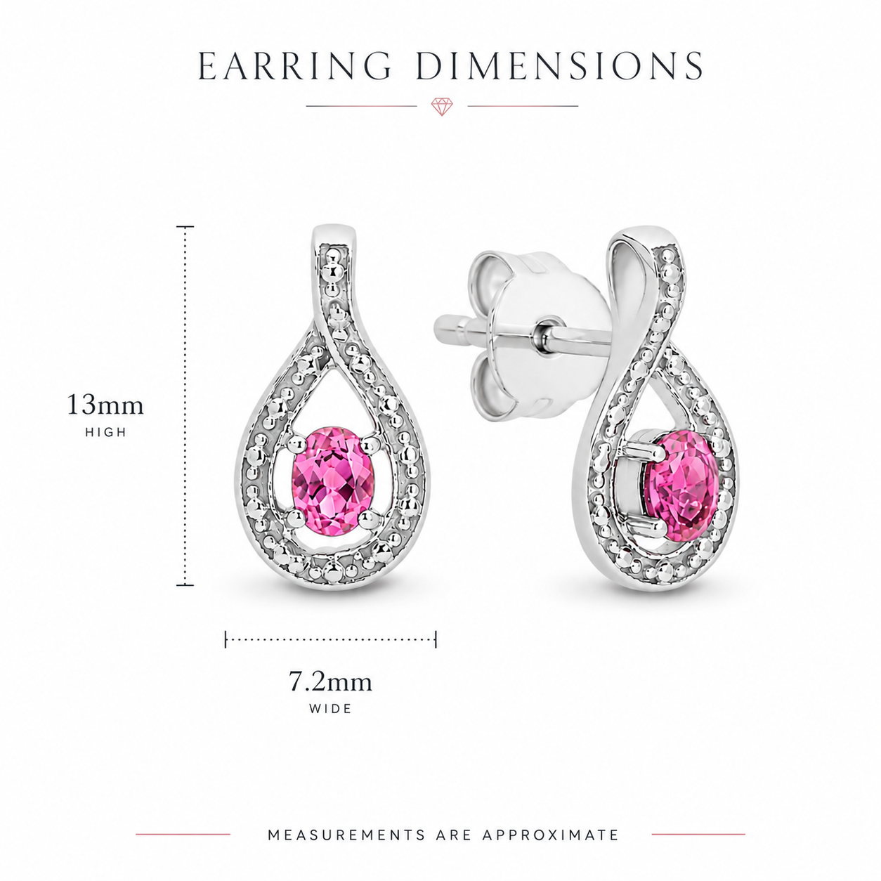 Sterling Silver created pink sapphire & diamond teardrop stud earrings