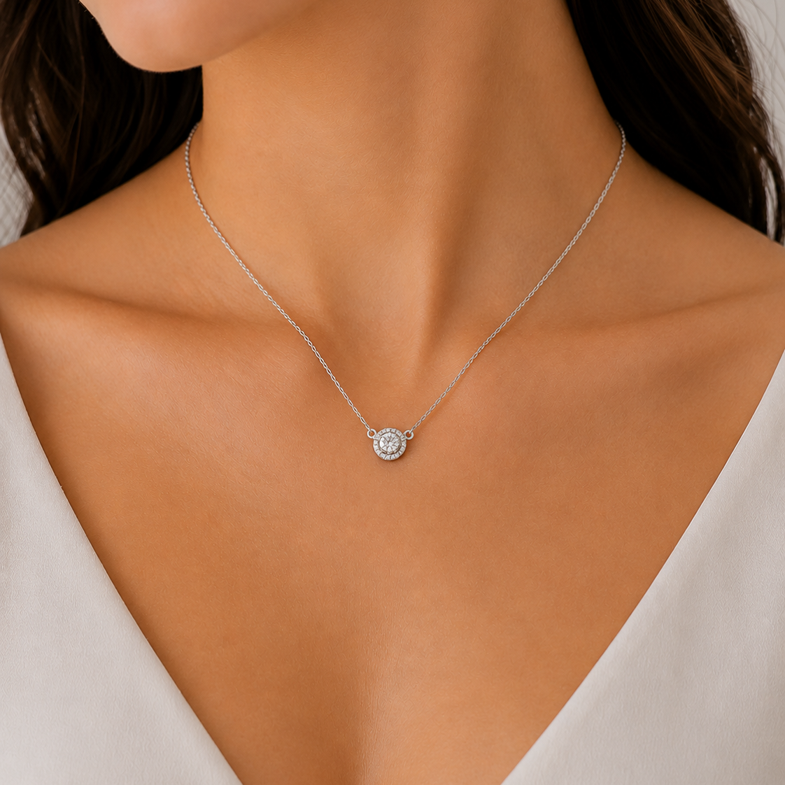 Sterling Silver cubic zirconia halo necklet