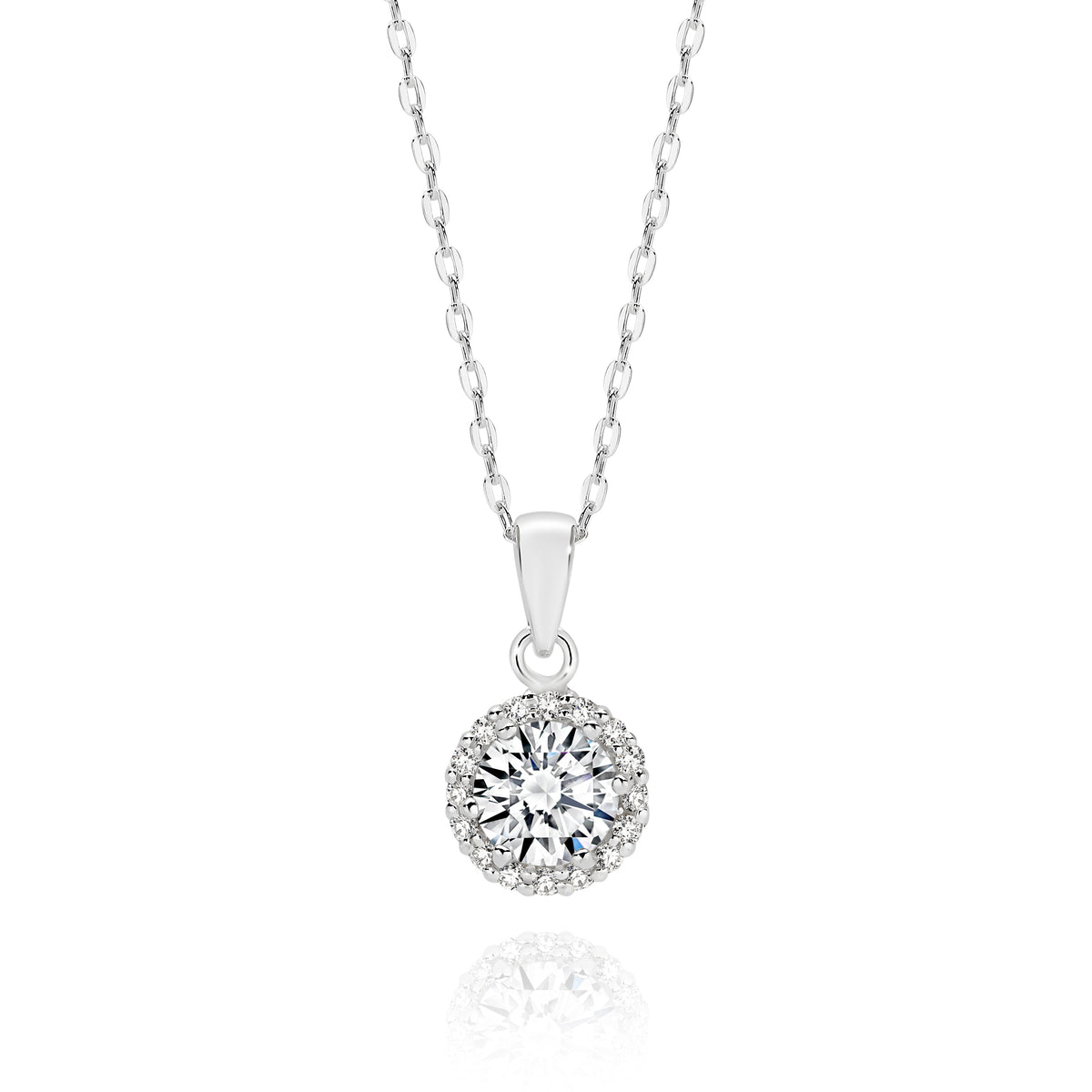 Sterling Silver cubic zirconia halo pendant on necklet