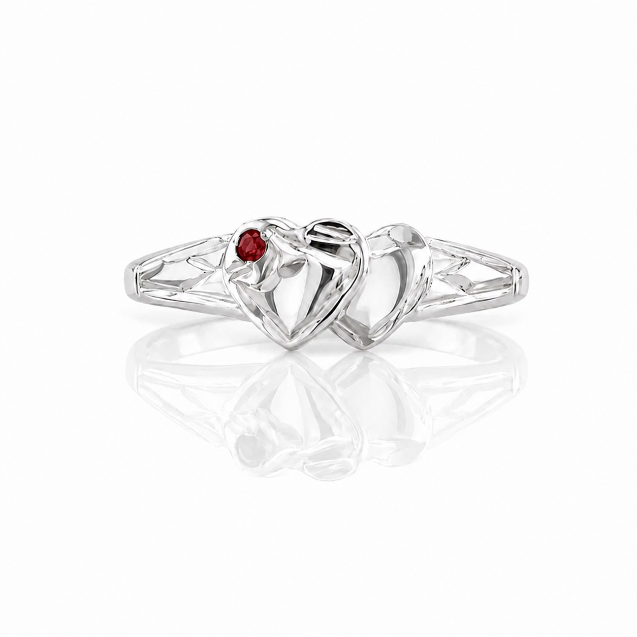 Sterling Silver double heart signet ring with red stone