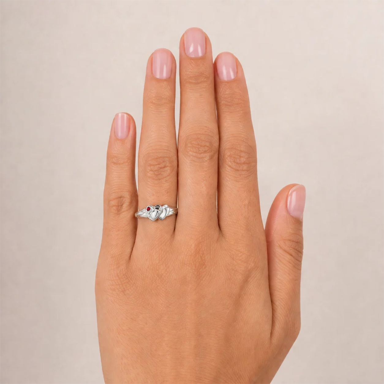 Sterling Silver double heart signet ring with red stone