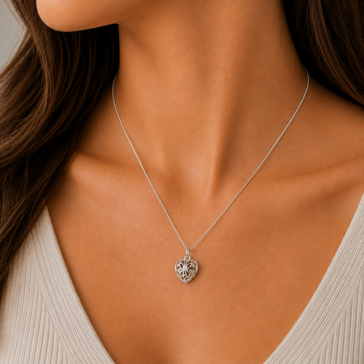 Sterling Silver filigree puffed heart pendant