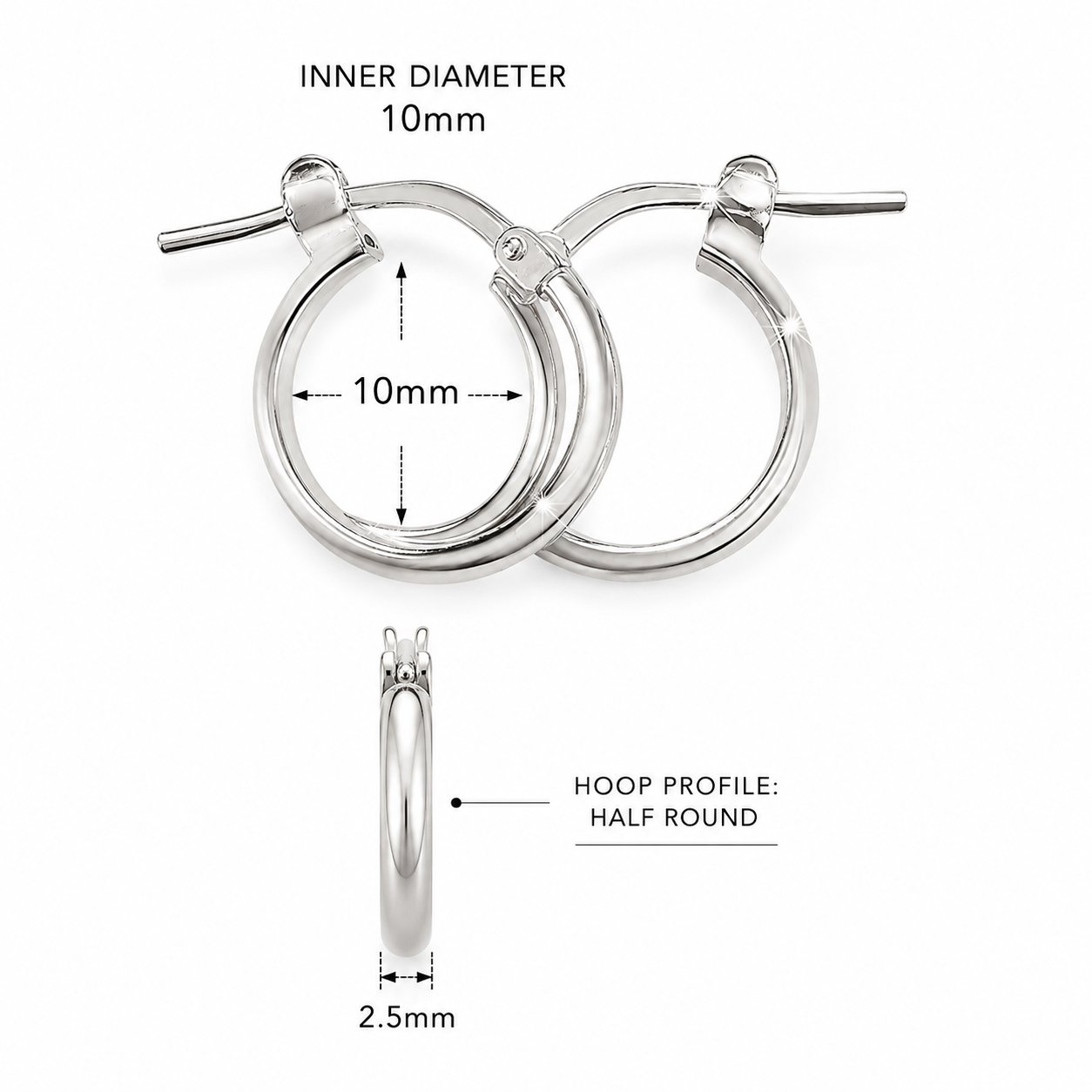 Sterling Silver half round polished hoops 10mm
