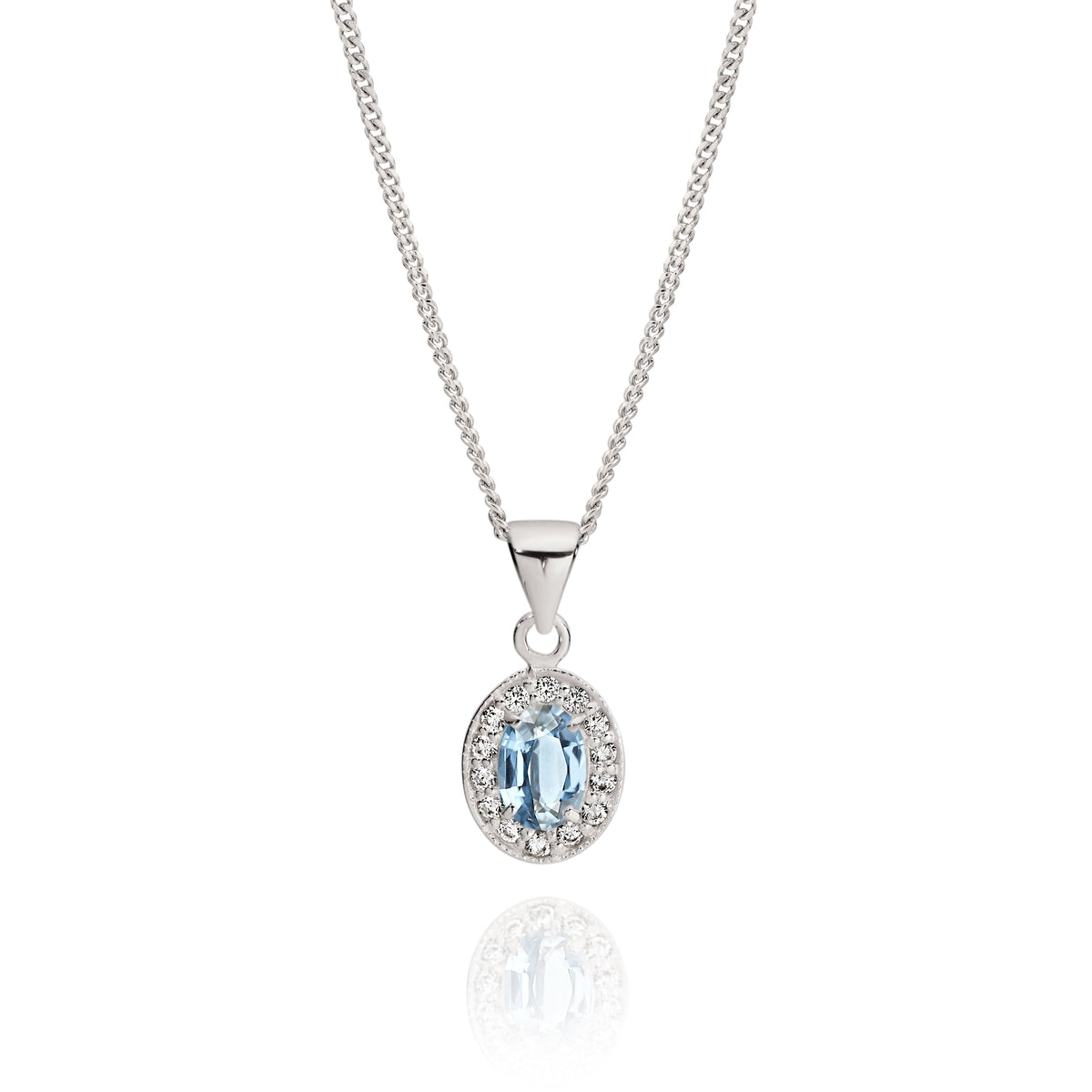 Sterling Silver light blue cubic zirconia oval halo pendant
