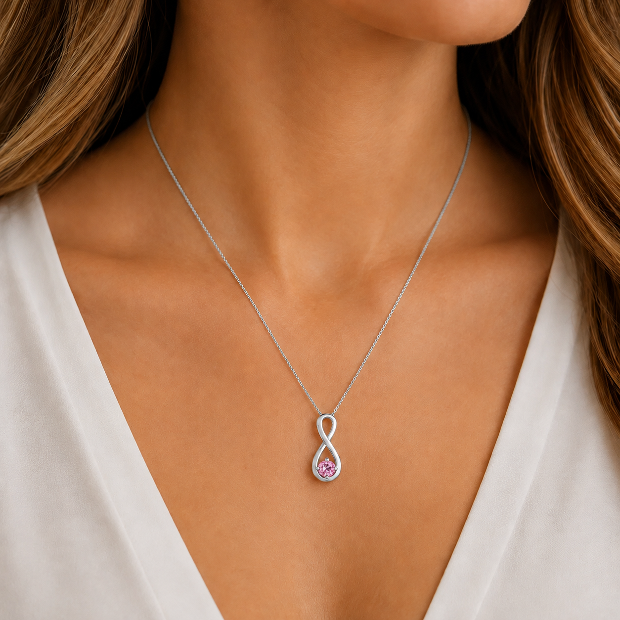 Sterling Silver pink cubic zirconia infinity pendant