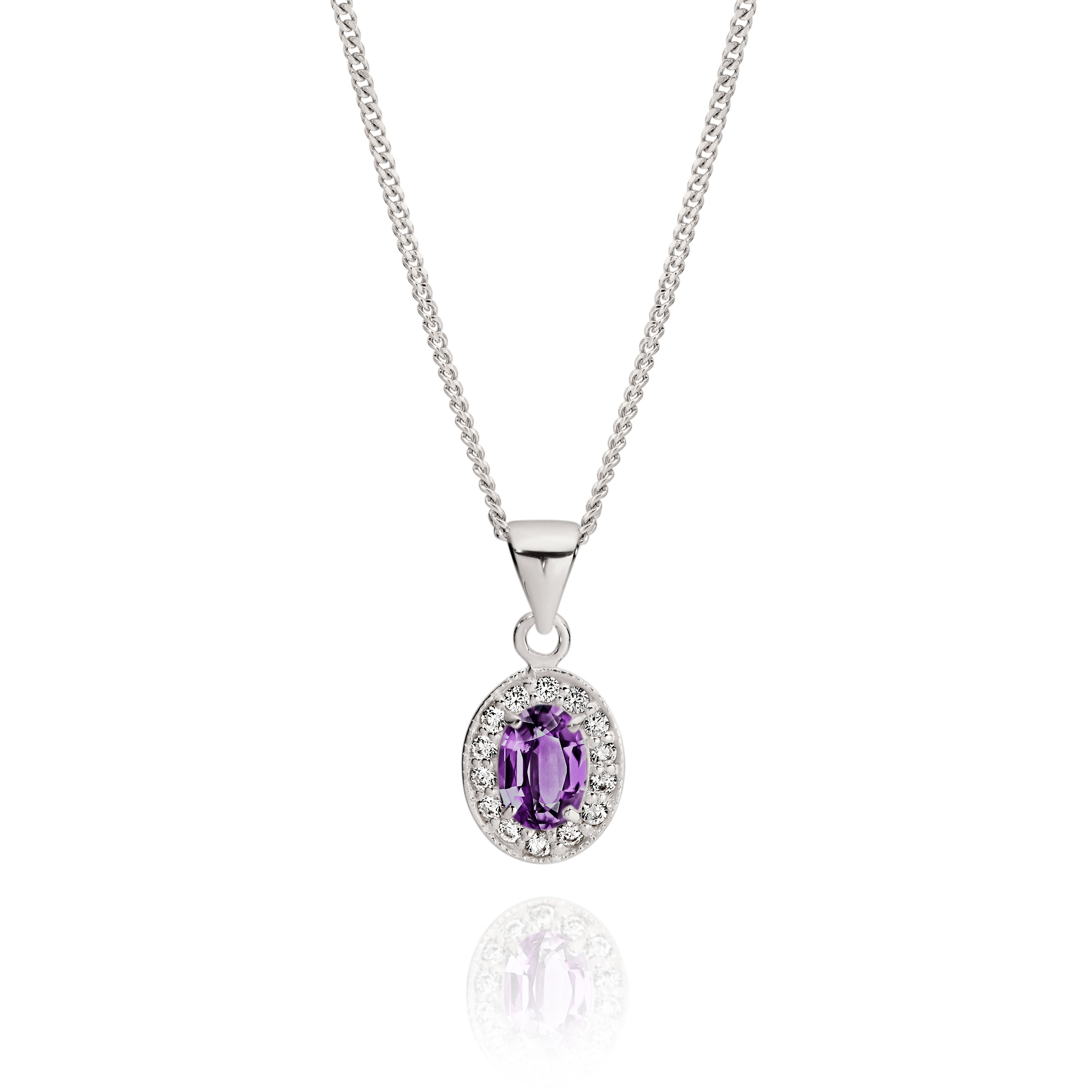 Sterling Silver purple cubic zirconia oval halo pendant with 45cm Chain