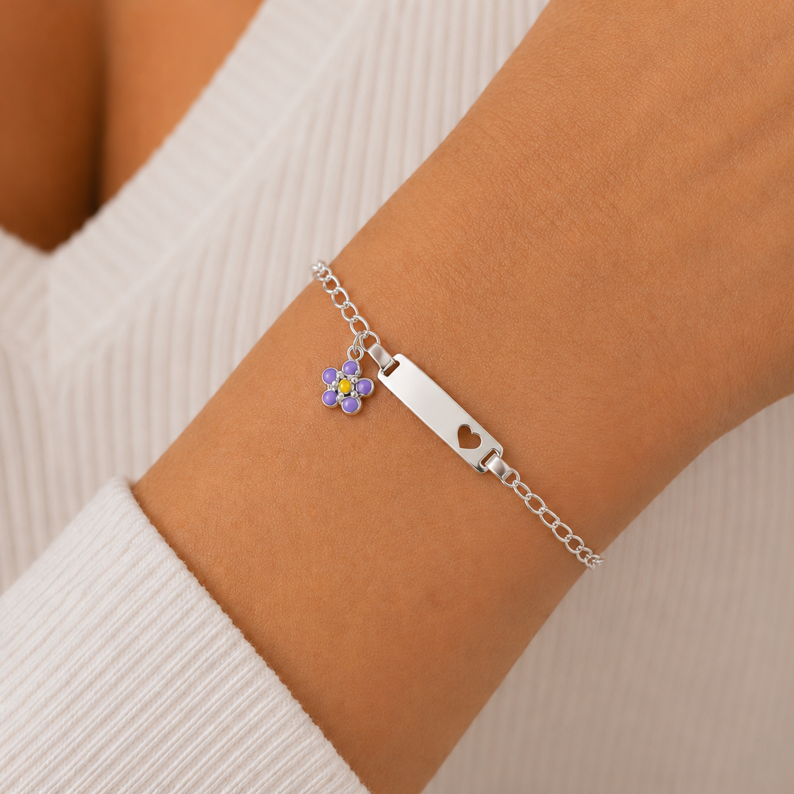 Sterling Silver purple flower ID bracelet
