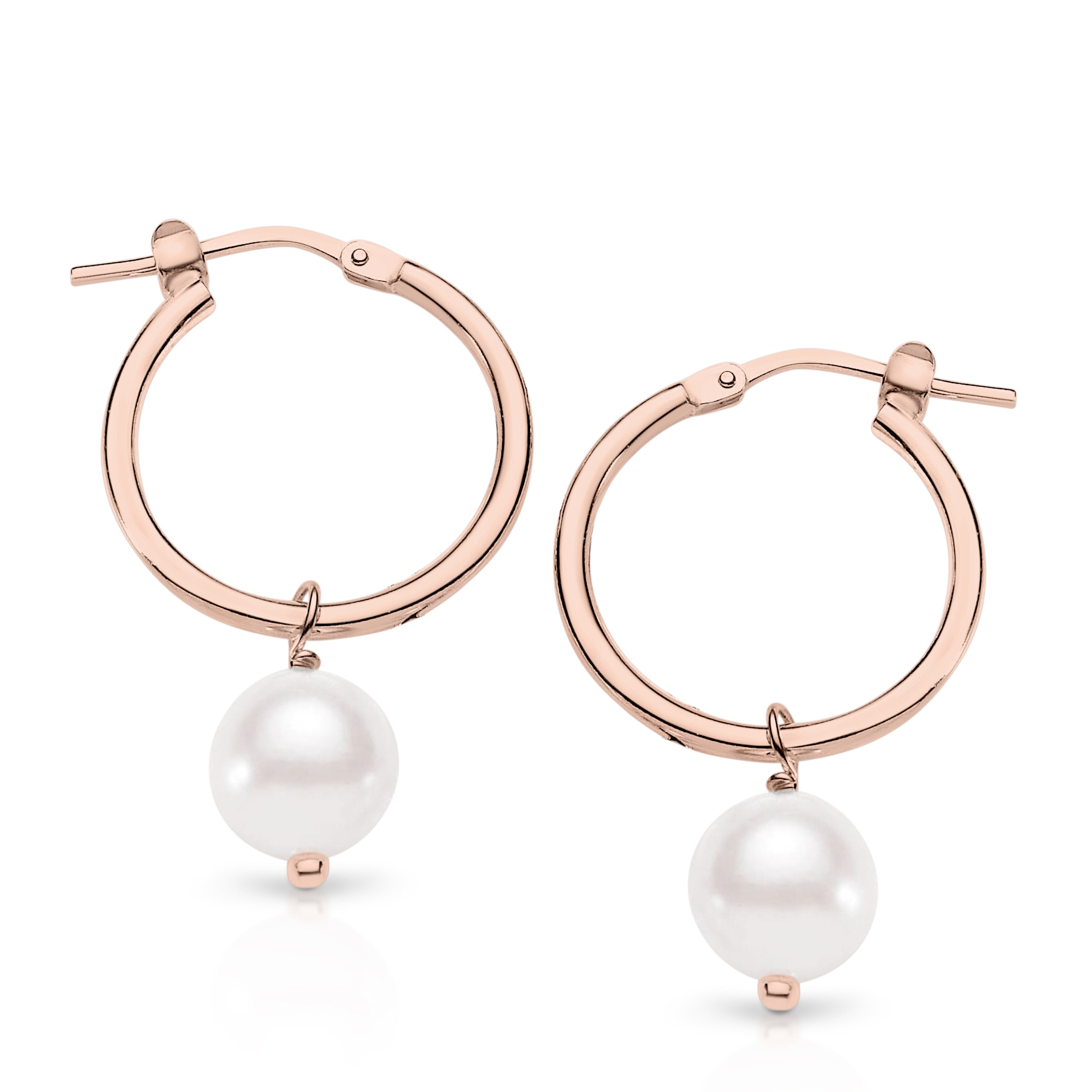 Sterling Silver rose gold plated pearl drop 15mm hoop earrings