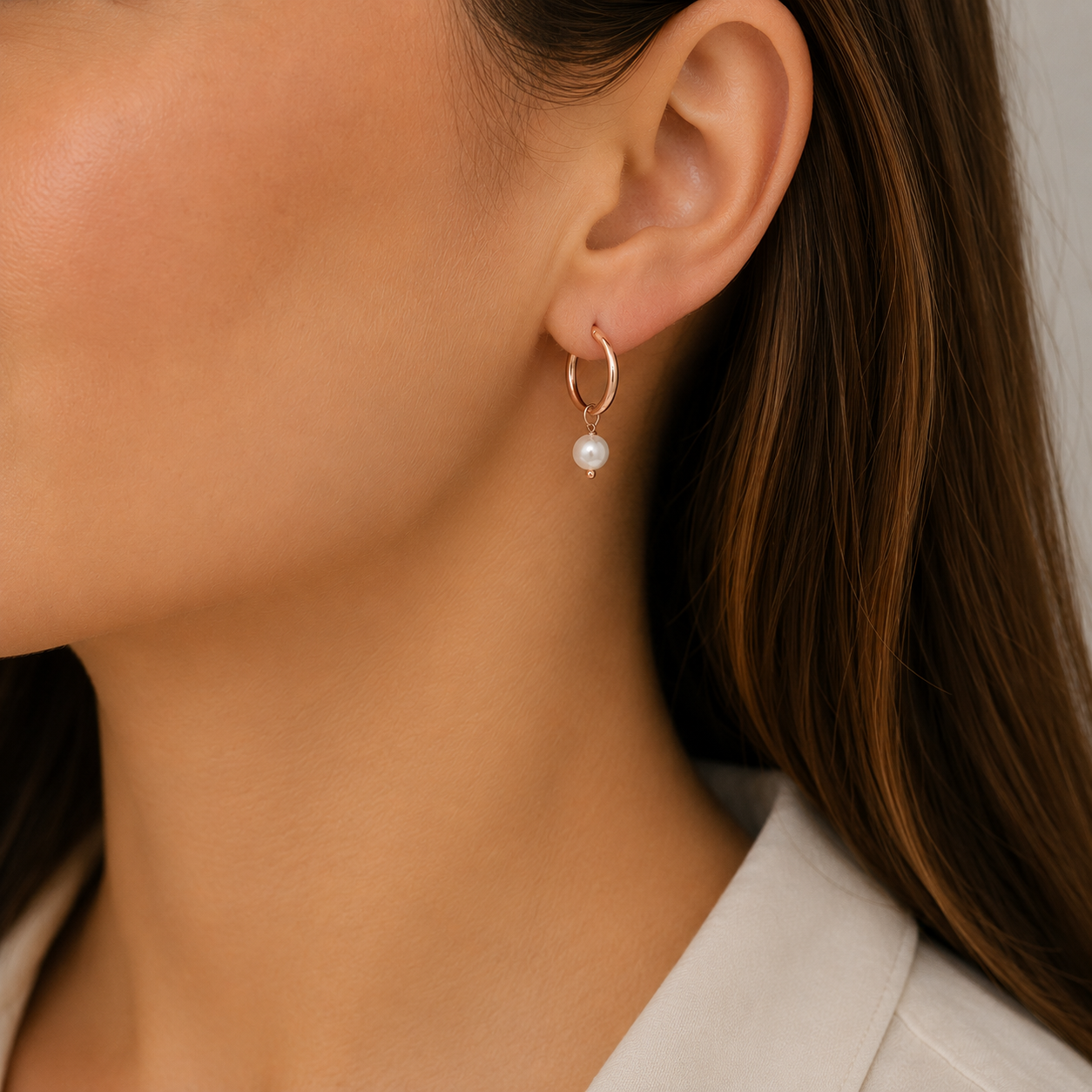 Sterling Silver rose gold plated pearl drop 15mm hoop earrings