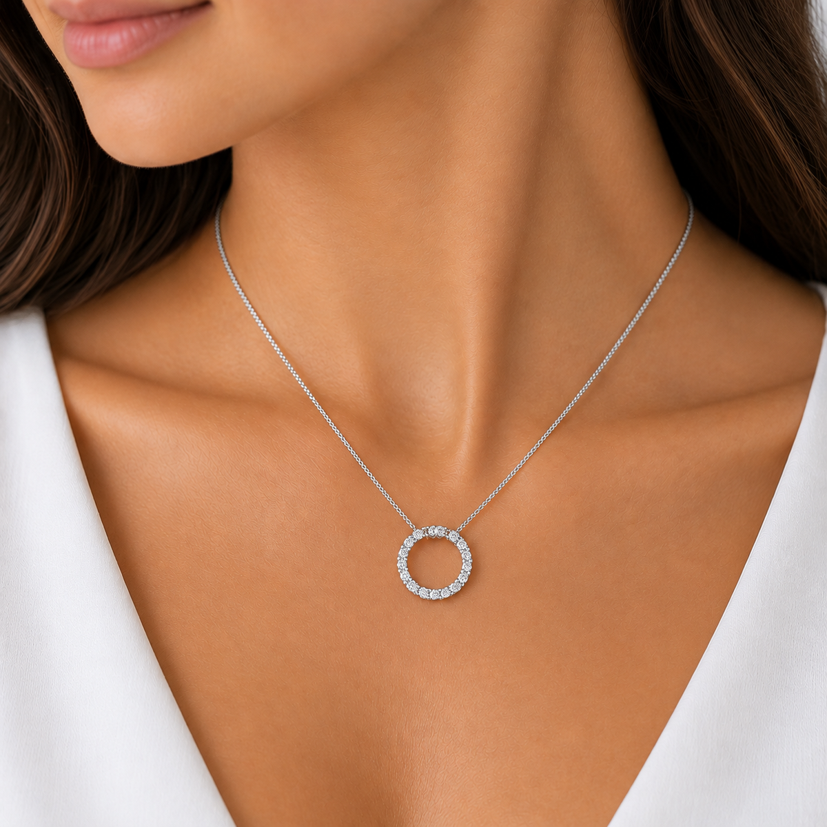 Sterling silver cubic zirconia circle slider pendant on necklet