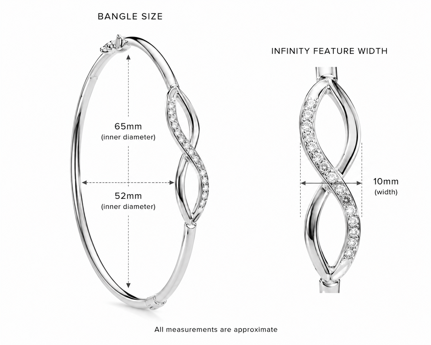 Sterling silver cubic zirconia stone set infinity hinge bangle
